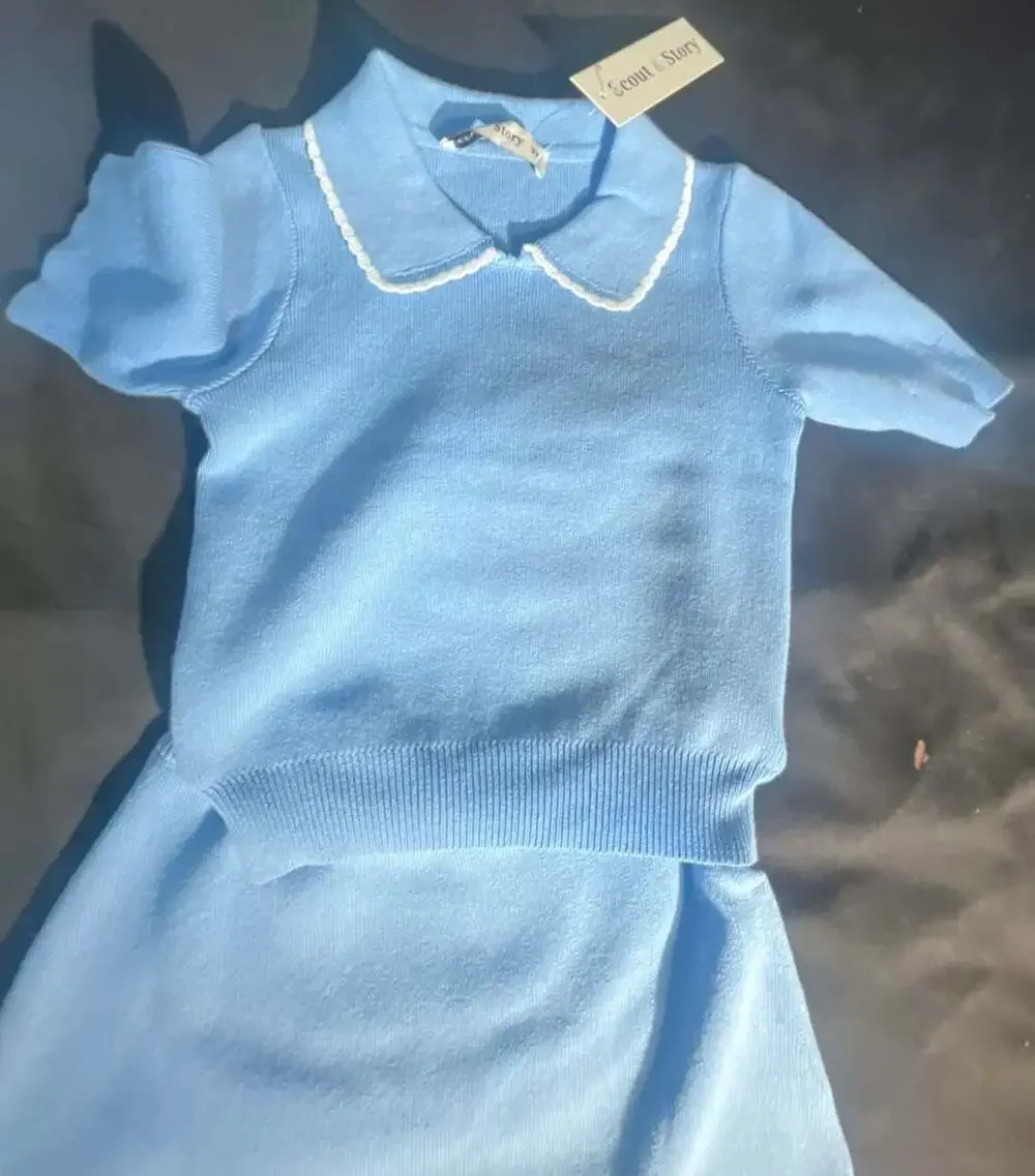 Scout & Story Girls Blue Knit Collared Sweater and Skirt Set